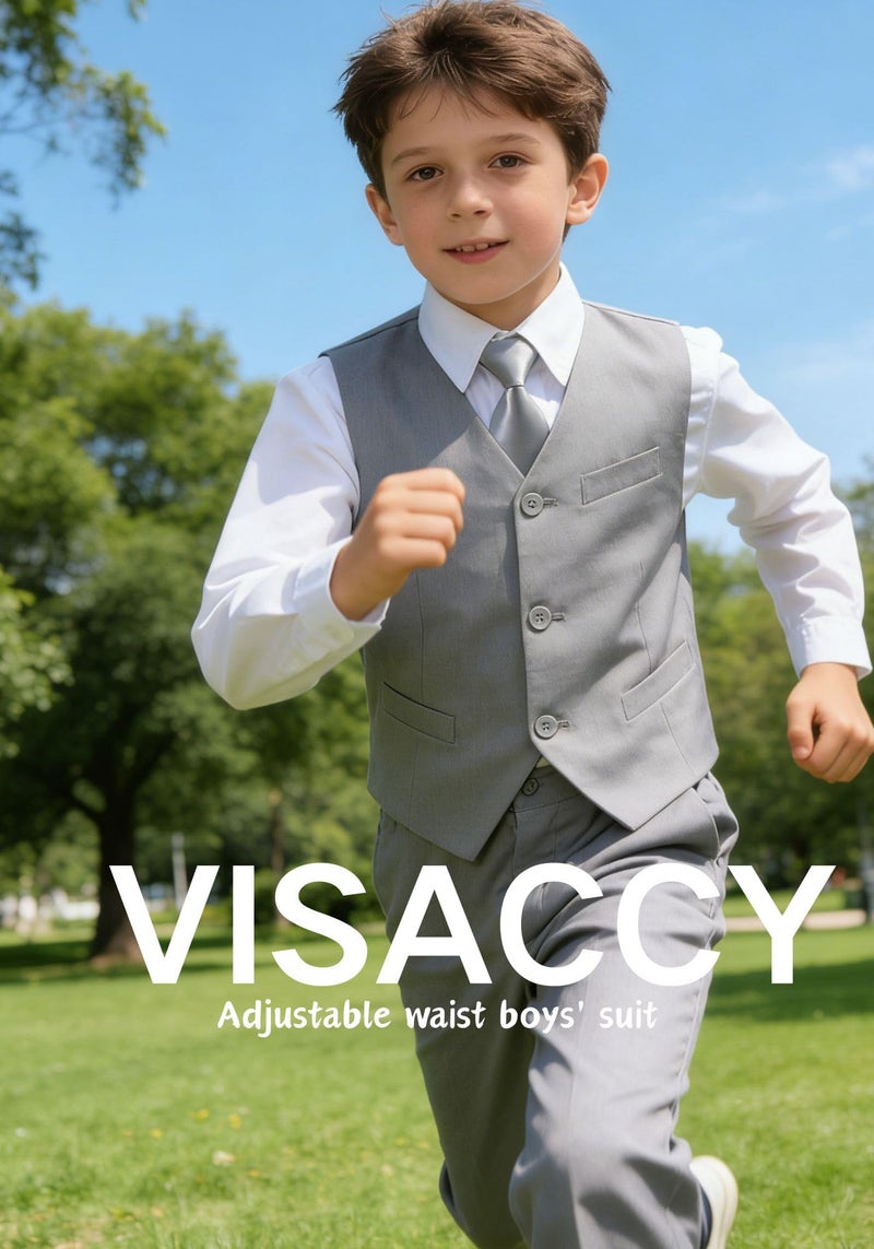 Visaccy Boys Suit,Toddler Kids Boy Light Gray Suit Tuxedo Outfit Vest and Pants Set Size 14 - Image 4
